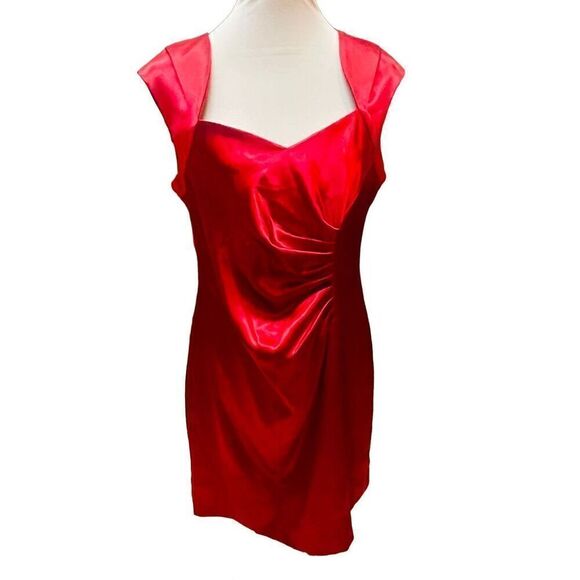 Shelby Nites Vintage Red Sheath Style Sleeveless Satin Midi Dress  With Ruched F - Picture 3 of 16